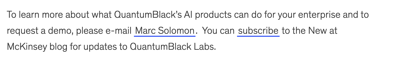 Screenshot from the McKinsey article: 'To learn more about what QuantumBlack's AI products can do for your enterprise and to request a demo, please e-mail Marc Solomon.'